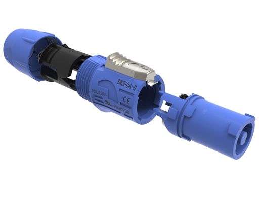 استفاده داخلی IP44 Triple Core Male Powercon Connector 3 پین پورت ورودی صوتی و ویدئویی قابل قفل اسپیکون پلگ 20A 250V AC آبی